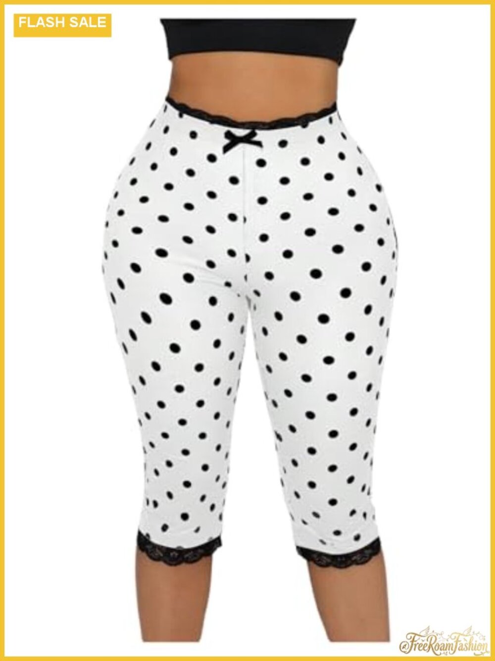 Polka Dot Capri Yoga Leggings with Lace Trim Skinny High Rise